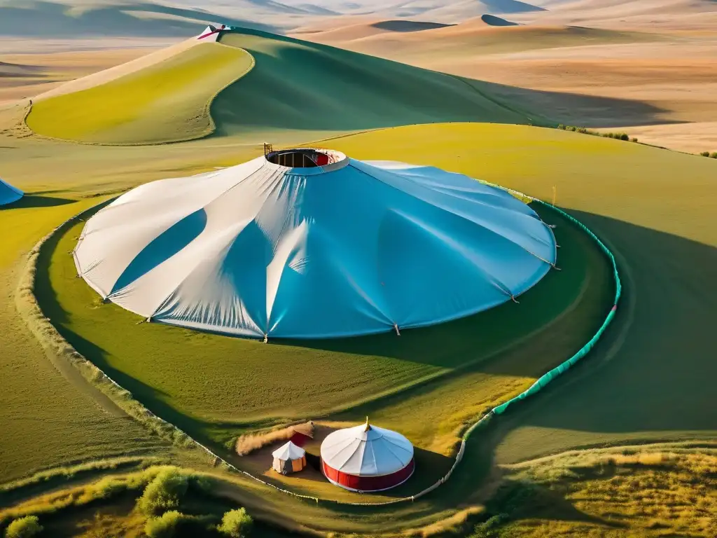 Campamento de yurtas en la estepa mongol, reflejo de intercambios culturales en la Ruta de la Seda