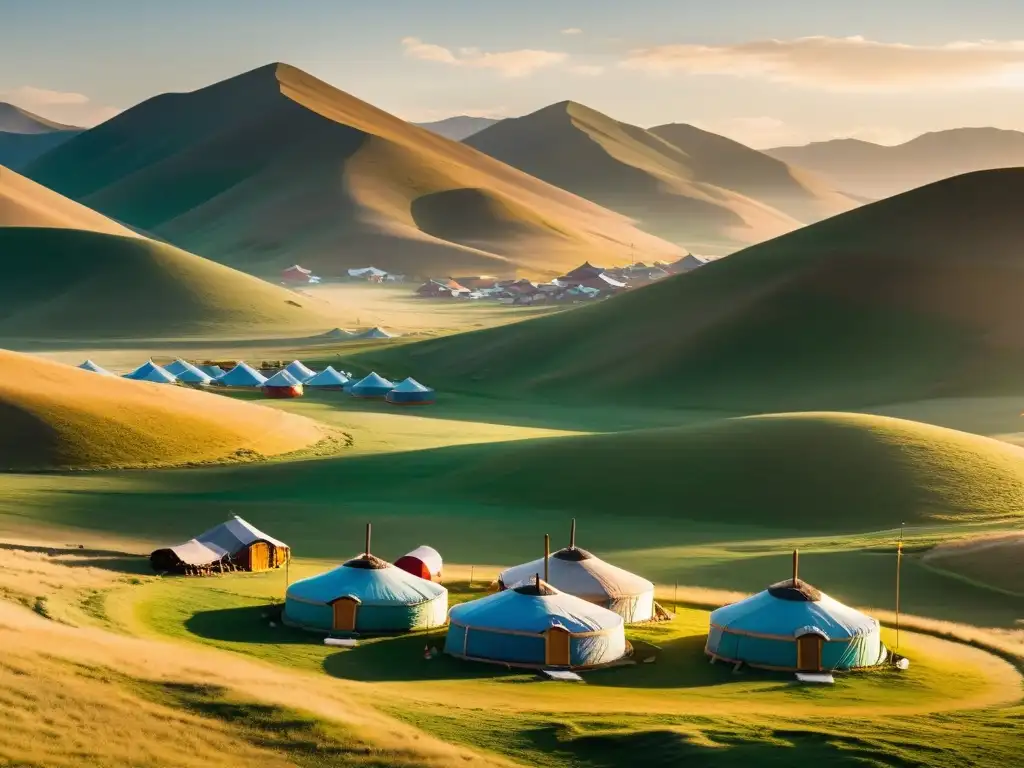 Campamento tradicional de yurtas en las estepas de Mongolia, con jinetes y caballos, reflejando el legado ancestral de la sociedad mongola