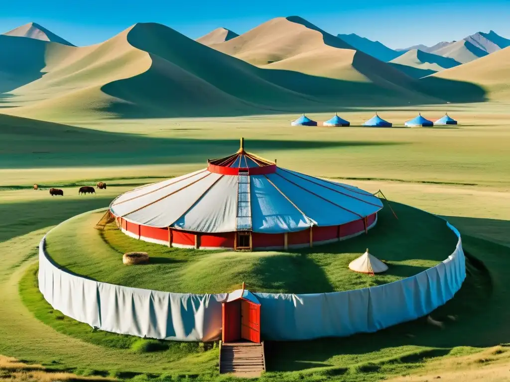 Campamento tradicional mongol rodeado de pastizales, pastores y montañas