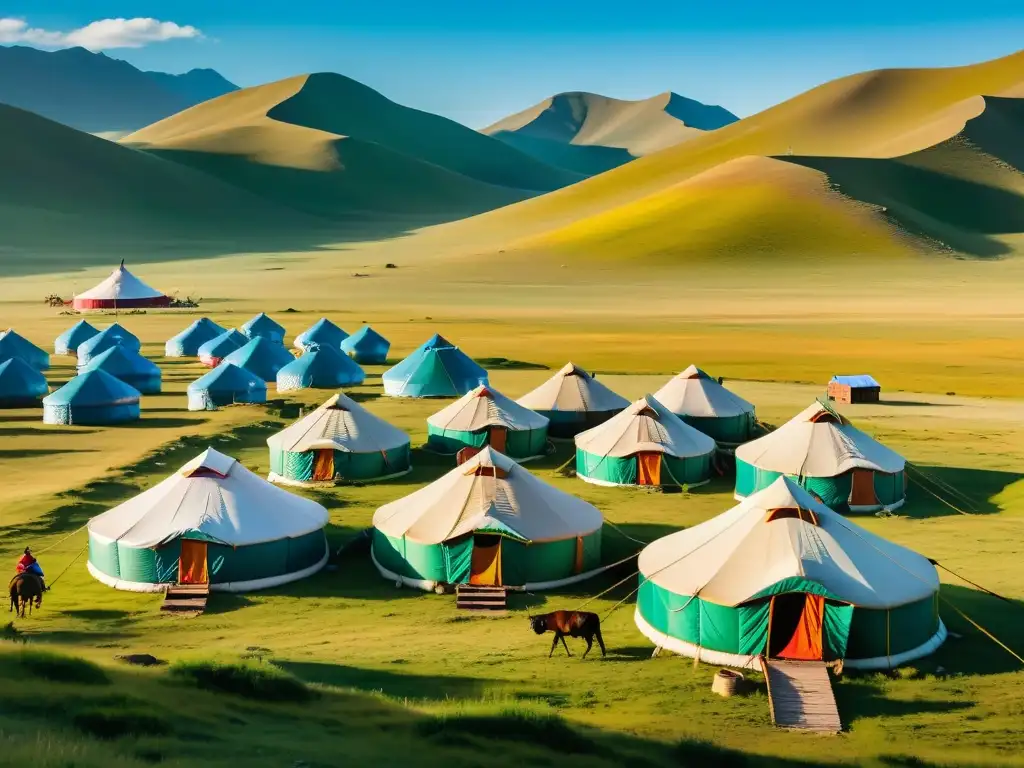 Un campamento tradicional mongol en la vasta estepa, con nómadas locales y paisajes impresionantes