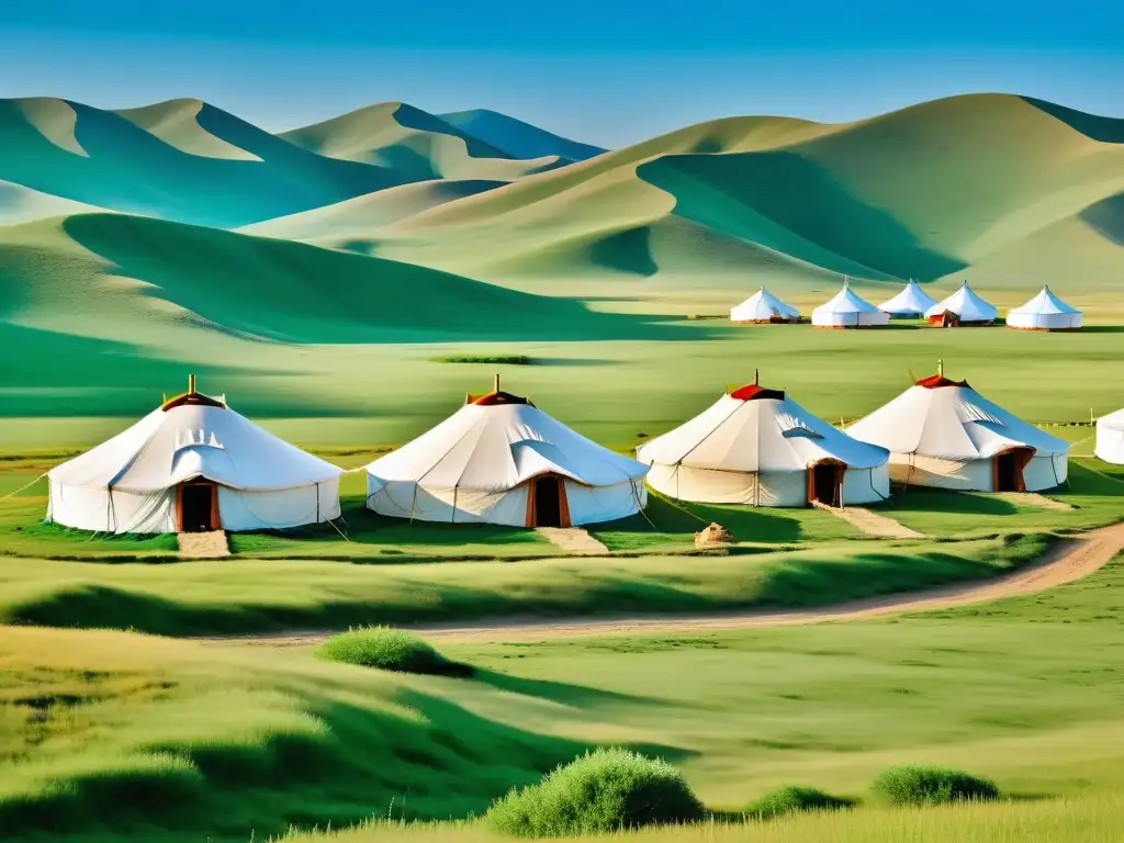 Un campamento tradicional Mongol en la vasta estepa, con tiendas de fieltro blancas y paisaje natural