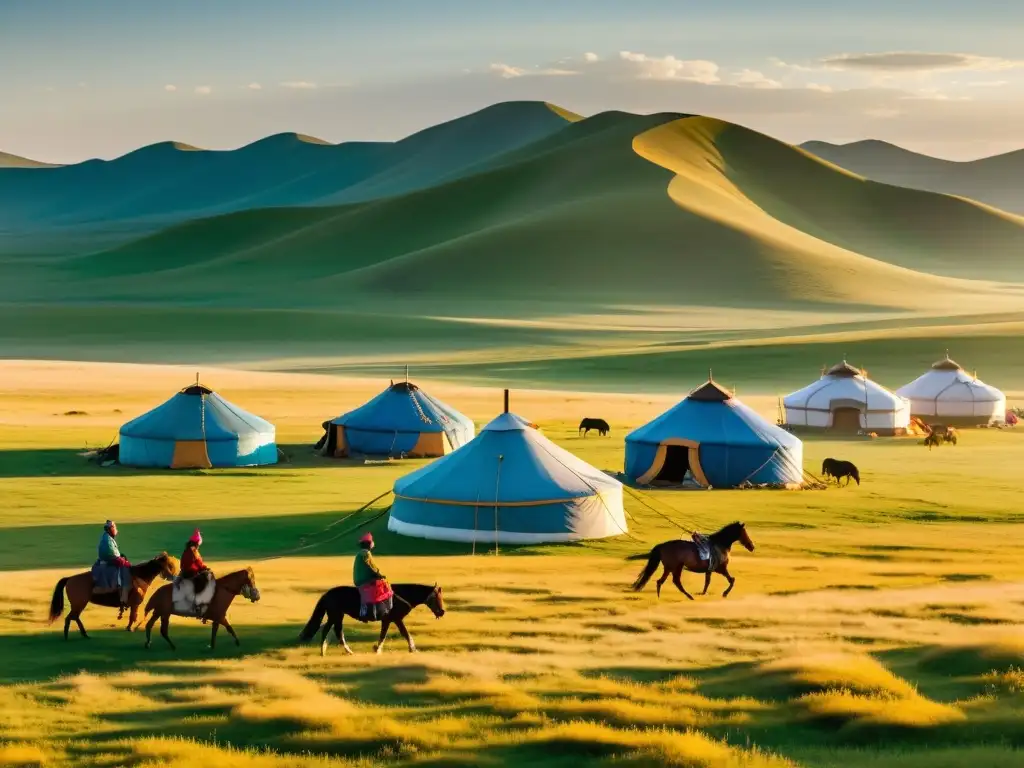 Un campamento tradicional mongol en las vastas estepas, con hermosos gers y pastores nómadas