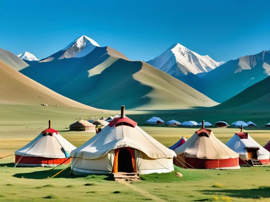 Un campamento tradicional de yurtas mongoles en las vastas estepas, con los picos nevados de las Montañas Altai al fondo