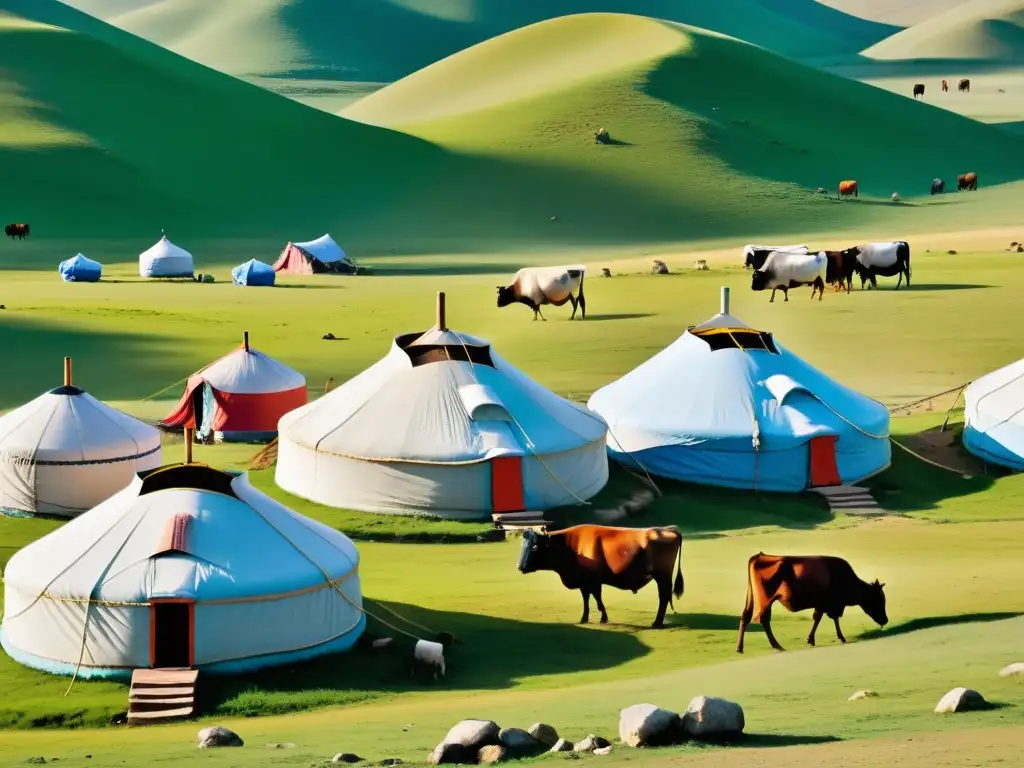 Un campamento tradicional de yurtas en Mongolia, donde los nómadas realizan sus actividades diarias