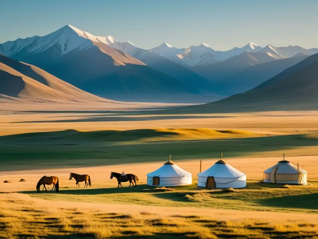 Un campamento yurta en las vastas estepas de Mongolia, con los imponentes montes Altai al fondo