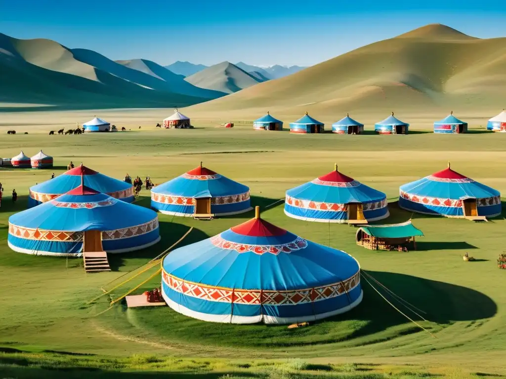 Un campamento de yurtas vibrante y detallado en la vasta estepa de Mongolia, mostrando la unión cultural en el Imperio Mongol