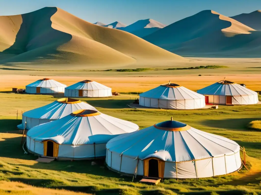 Un campamento de yurtas nómadas mongolas en la estepa, bañado por la cálida luz del atardecer