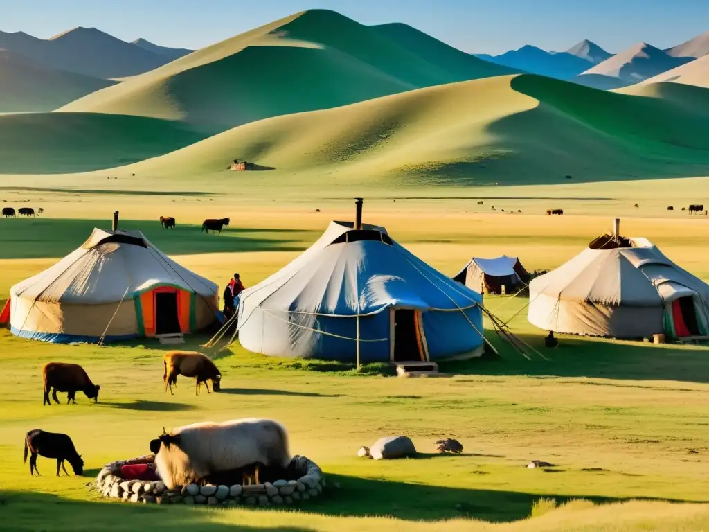 Un campamento de yurtas nómadas mongolas con familias realizando actividades diarias, bañado por la cálida luz dorada del atardecer