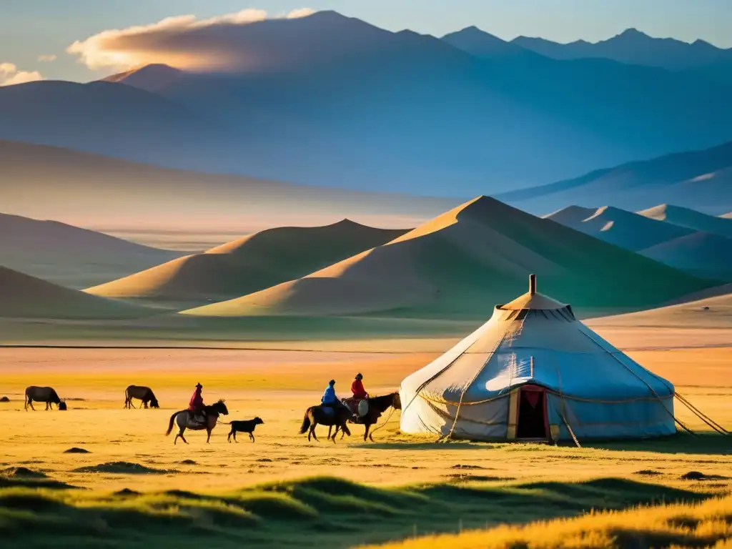 Campamento de yurtas nómadas en la vasta estepa mongol al atardecer, con herders mongolos y sus animales