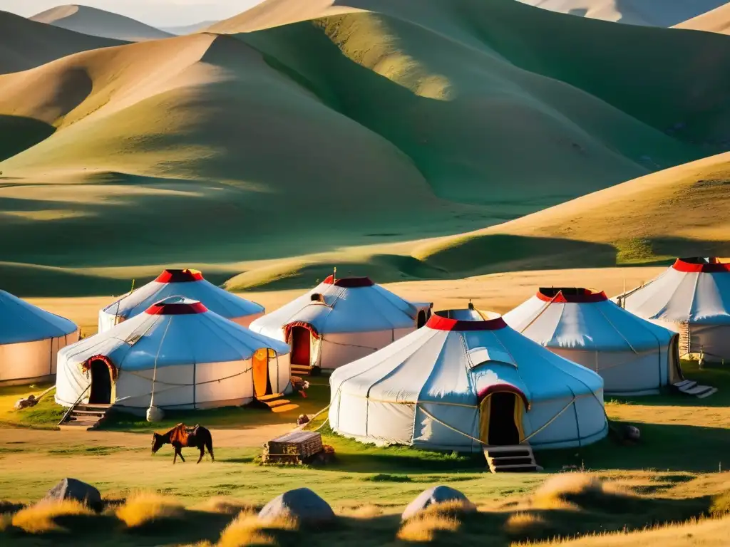 Campamento de yurtas tradicionales en la estepa mongola al atardecer, expresiones culturales invasiones mongolas