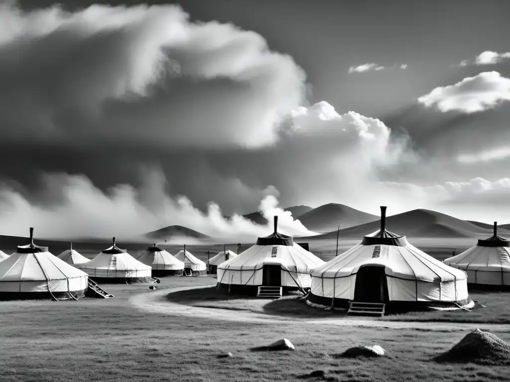 Campamento de yurtas tradicionales en las estepas de Mongolia, reflejando la diplomacia mongola y la vida nómada