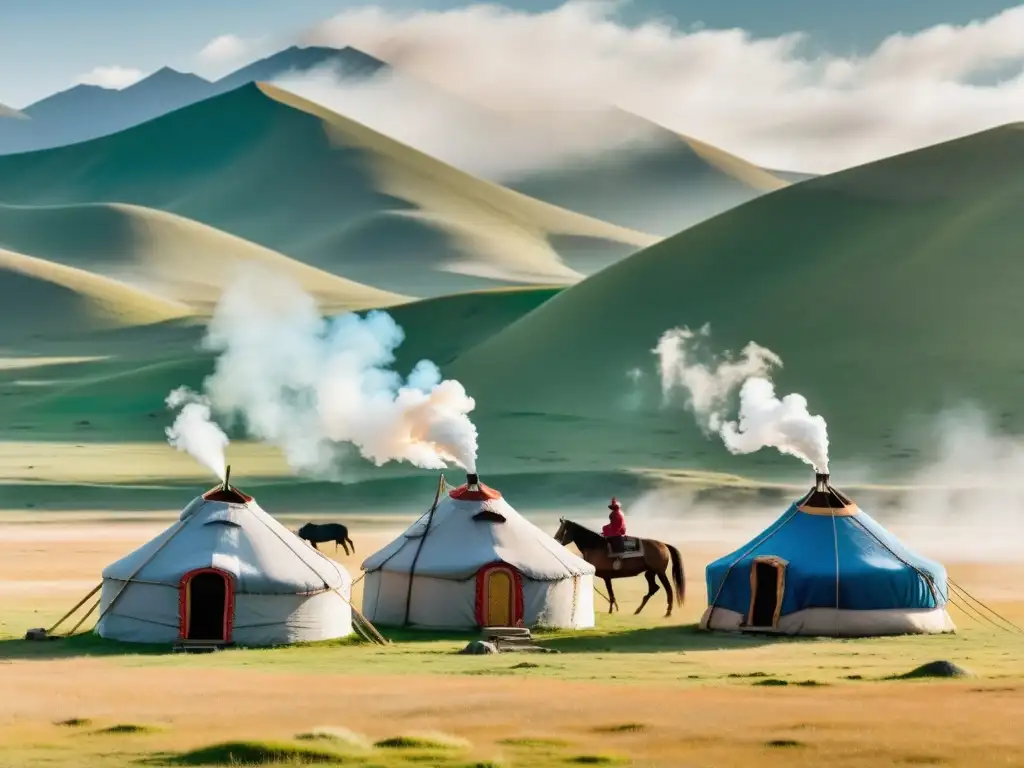 Campamento de yurtas tradicionales en las extensas praderas de Mongolia, con descendientes del Imperio Mongol Genghis Khan en atuendo tradicional