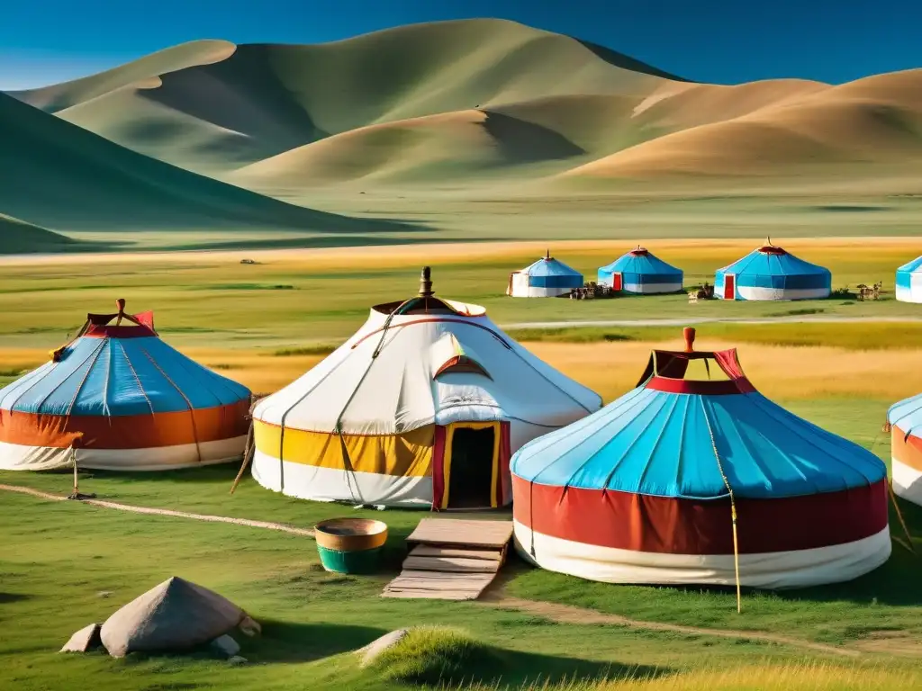 Campamento de yurtas tradicionales en la expansión mongola y legado cultural de Mongolia, con diseño detallado y colores auténticos