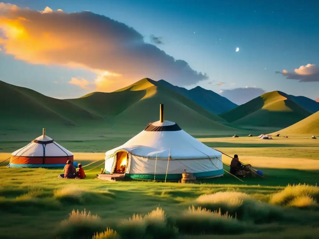 Un campamento de yurtas tradicionales en Mongolia, con una familia disfrutando de actividades culturales bajo el cielo estrellado