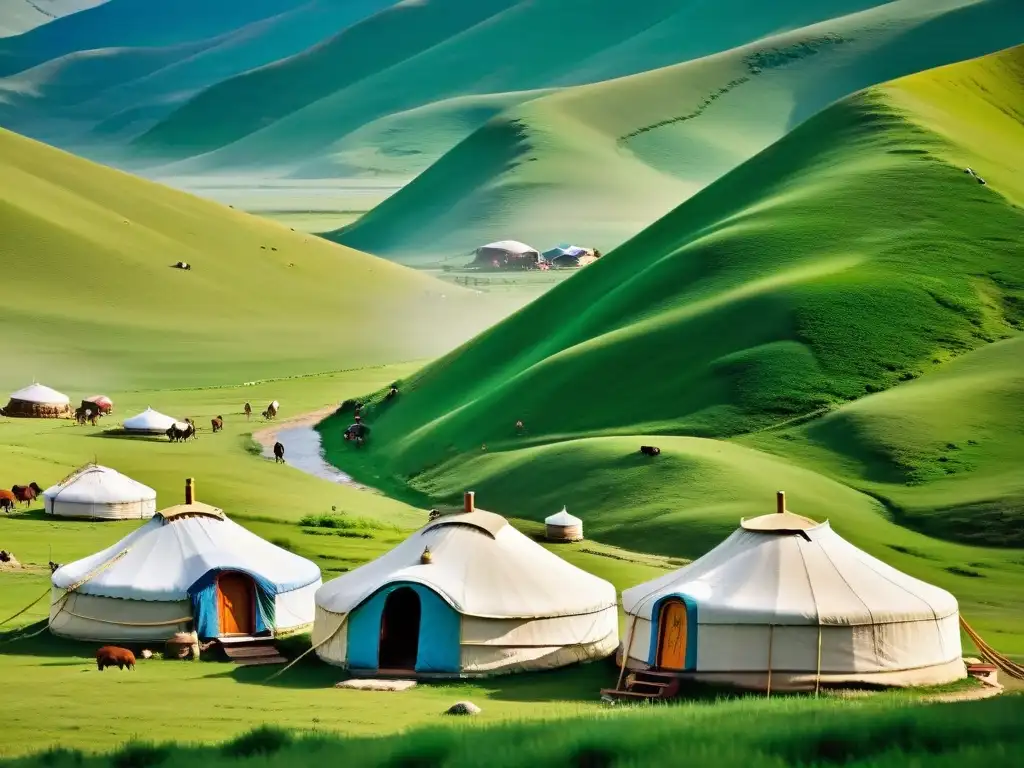 Un campamento de yurtas tradicionales en las verdes colinas de Mongolia, reflejando la vida nómada en el Imperio Mongol