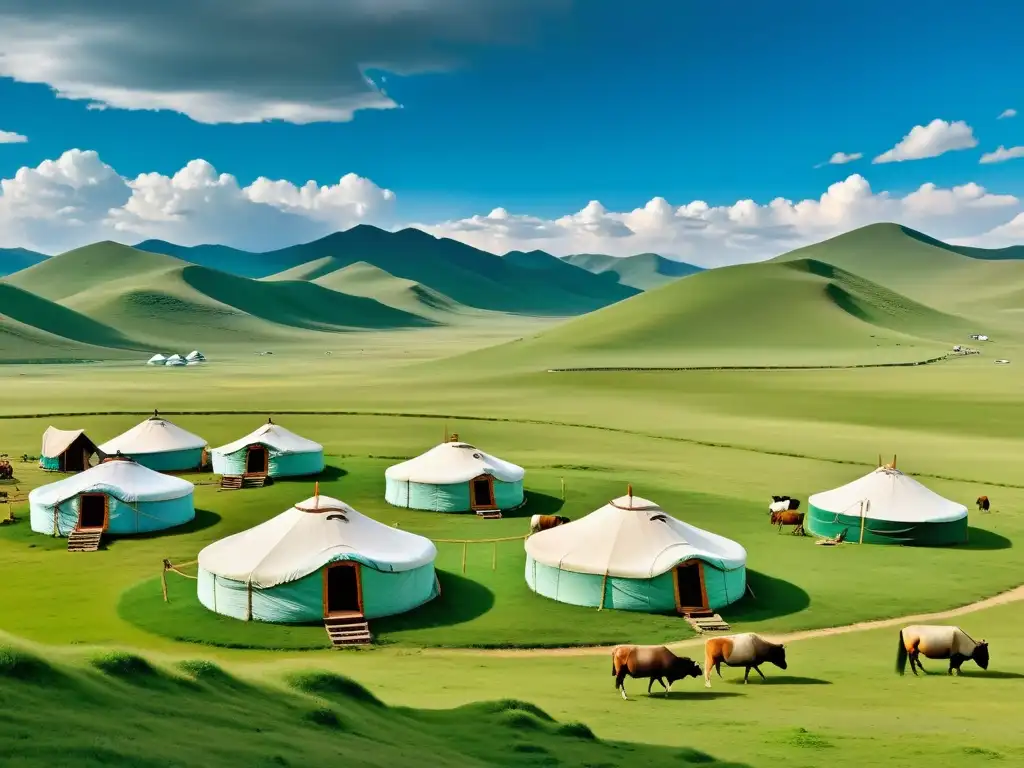 Campamentos Ger en el Imperio Mongol: Un campamento tradicional mongol se destaca entre las vastas praderas, con pastores y un cielo azul inmersivo