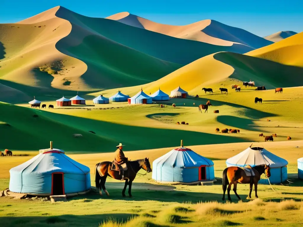 Campamentos Ger en el Imperio Mongol: Escena pastoral en Mongolia con campamento tradicional y pastores cuidando ganado