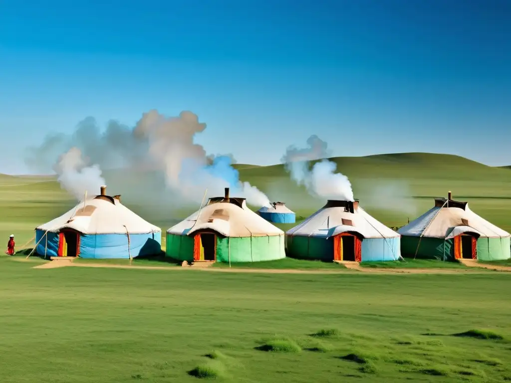 Campamentos Ger en el Imperio Mongol: Paisaje de la estepa mongola con gers tradicionales, caballos y serenidad