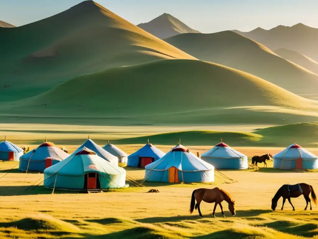 Innovación en campamentos móviles mongoles: Un campamento tradicional mongol rodeado de vastas praderas y montañas distantes, con yurtas, caballos y banderas de oración