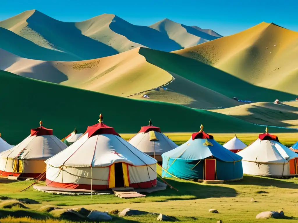 Innovación en campamentos móviles mongoles: Detallada imagen de un campamento tradicional mongol con yurtas, banderas de oración y paisajes vibrantes