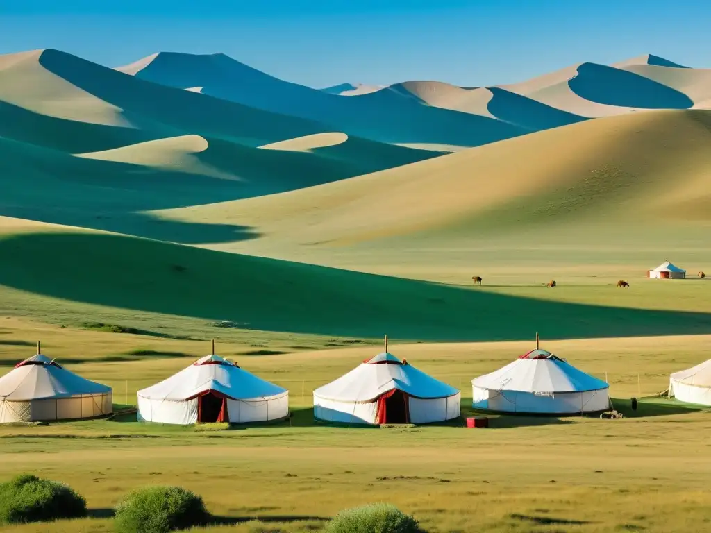 Campamentos nómadas Imperio Mongol: Tradicional campamento nómada mongol en la vasta estepa, yurtas coloridas y ganado pastando