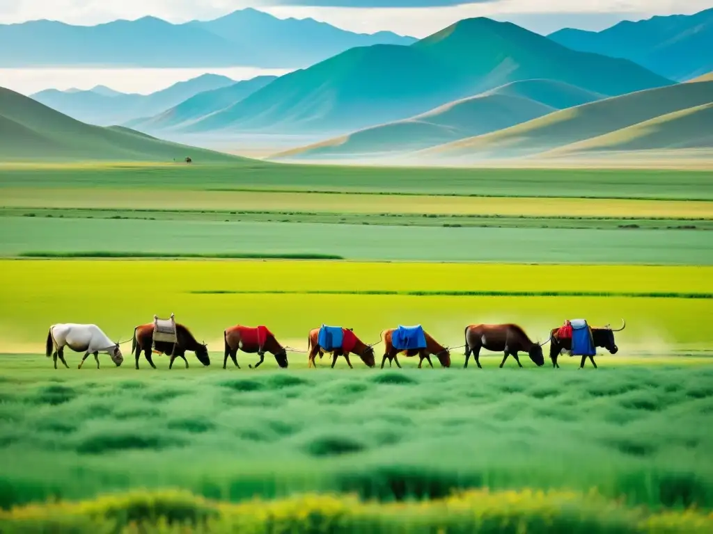 Campesinos mongolas cultivando campos verdes con técnicas agrícolas tradicionales