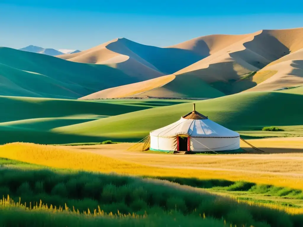 Campo de trigo dorado en Mongolia, con granjeros en trajes tradicionales yurta