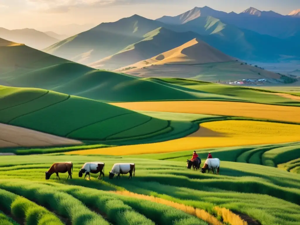 Campo verde con agricultores trabajando bajo la influencia de los mongoles en la agricultura, con imponentes montañas al fondo