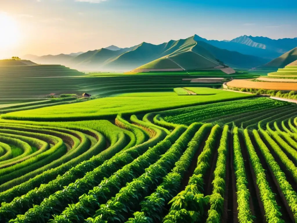 Un campo verde exuberante con cultivos en filas, un agricultor riega con técnicas tradicionales