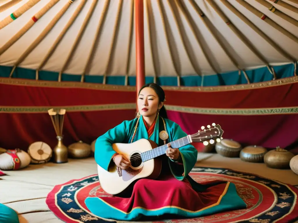 Un cantante de garganta mongol realiza una actuación íntima en una yurta, rodeado de textiles y instrumentos tradicionales