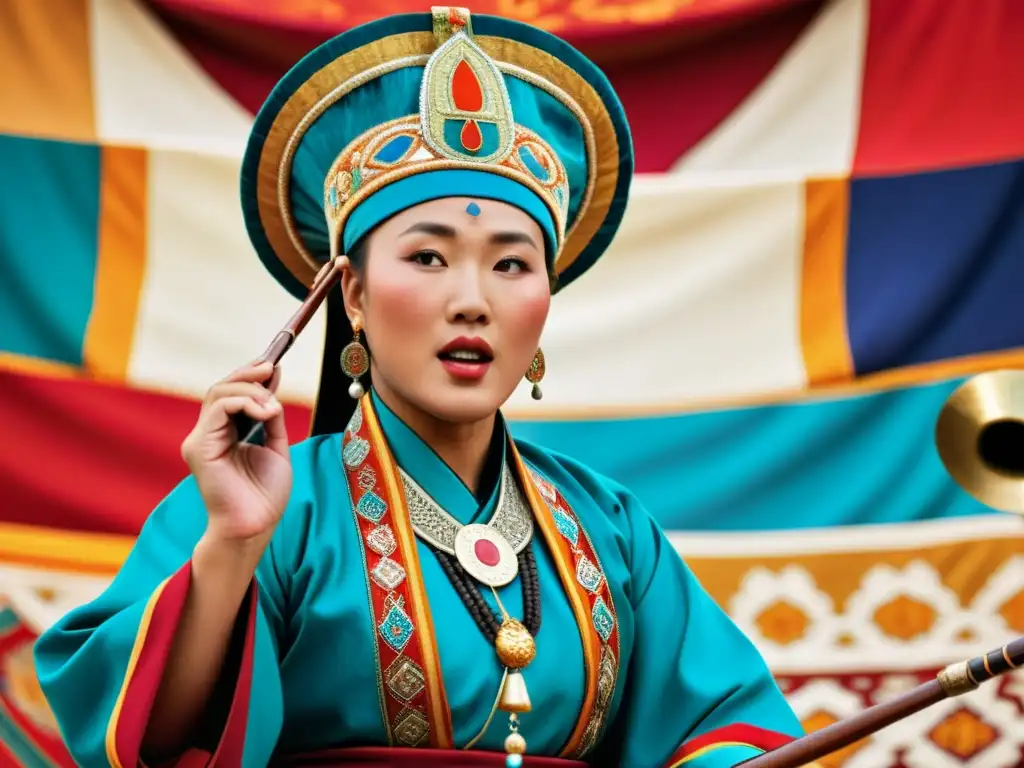 Un cantante de garganta mongol, rodeado de tapices vibrantes y instrumentos musicales