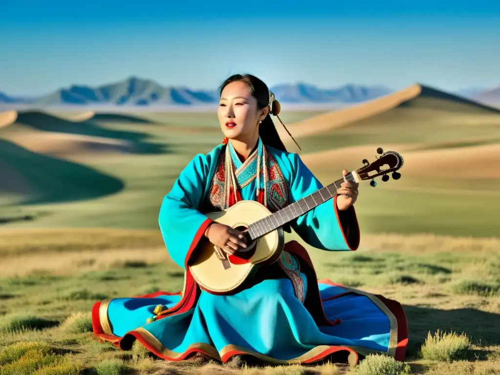 Un cantante de garganta mongol interpreta sonidos únicos del mongol en la vasta estepa, rodeado de colinas y cielo azul