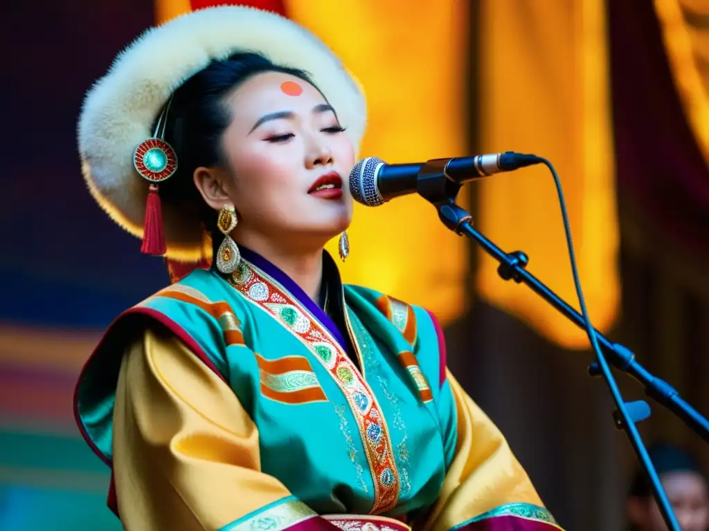 Un cantante de garganta tradicional mongol actúa en el escenario, rodeado de instrumentos tradicionales y vistiendo trajes coloridos