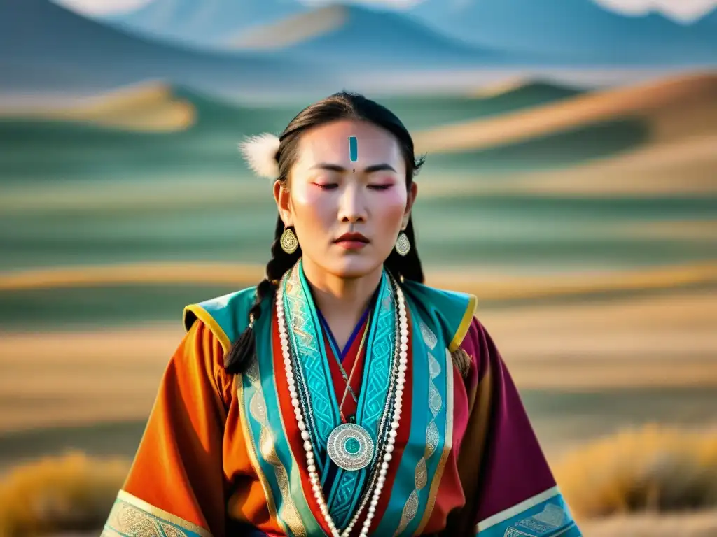 Un cantante de garganta tradicional mongol viste trajes coloridos, con la vasta estepa detrás