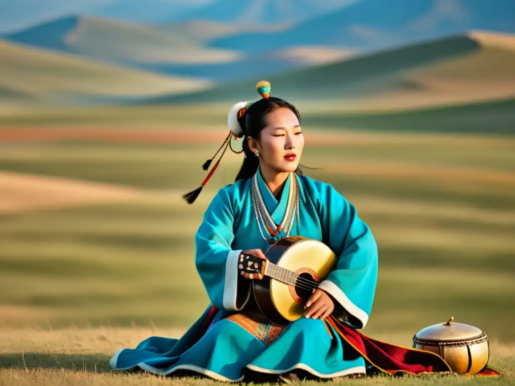 Un cantante de garganta mongol tradicional actúa en la vasta estepa, rodeado de músicos y vistiendo trajes tradicionales