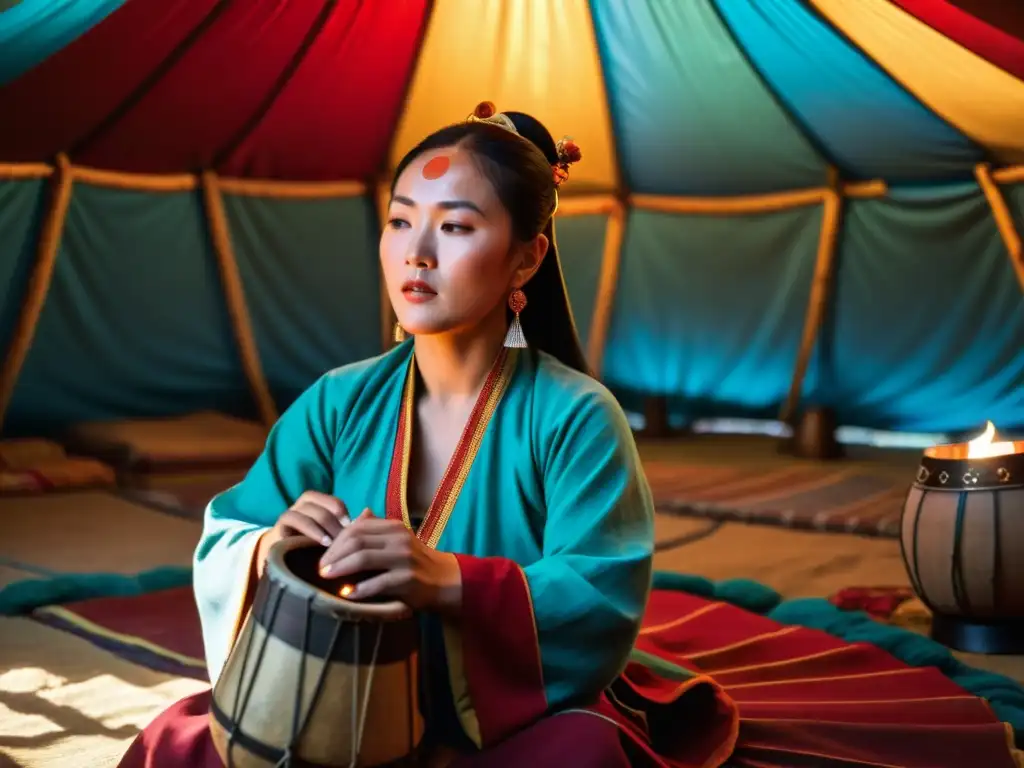 Un cantante de garganta mongol actúa en una yurta iluminada por la tenue luz de una fogata, rodeado de tapices coloridos y antiguos instrumentos