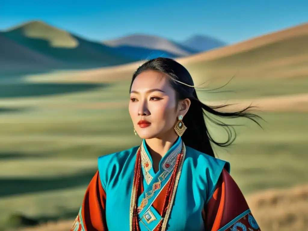 Una cantante mongol en traje tradicional, interpretando cantos largos tradicionales Mongolia en las vastas praderas