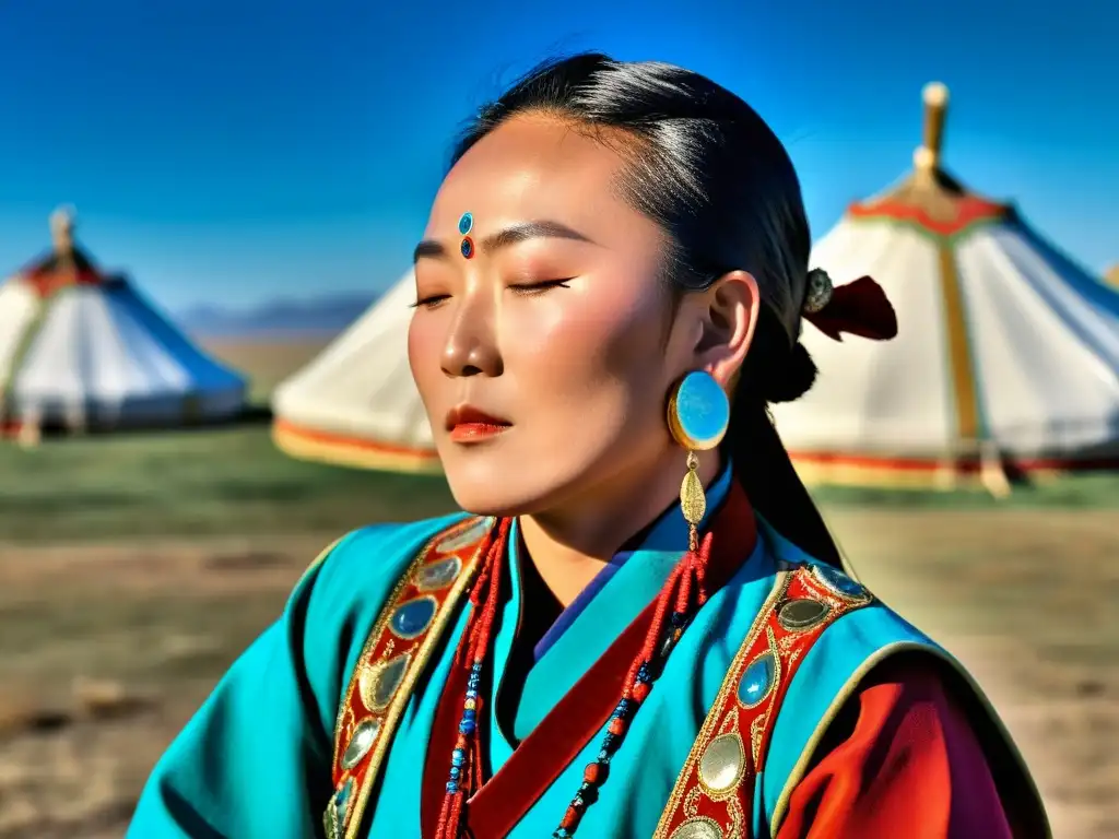 Un cantante de Mongolia con trajes vibrantes y joyas, entona cantos de garganta en la estepa mongola