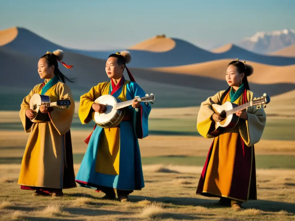 Canto de garganta mongol historia: Cantantes de garganta mongol en trajes tradicionales actuando en la vasta estepa mongol