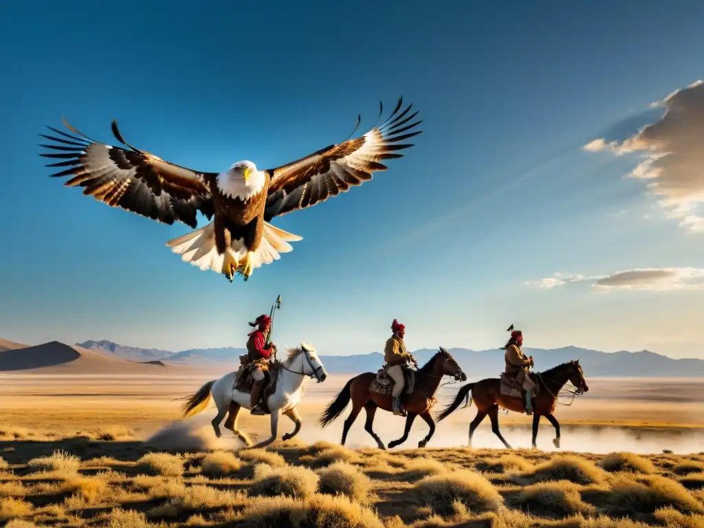 Captura de la importancia de los animales en la vida nómada: cazadores a caballo con águila majestuosa en la estepa dorada