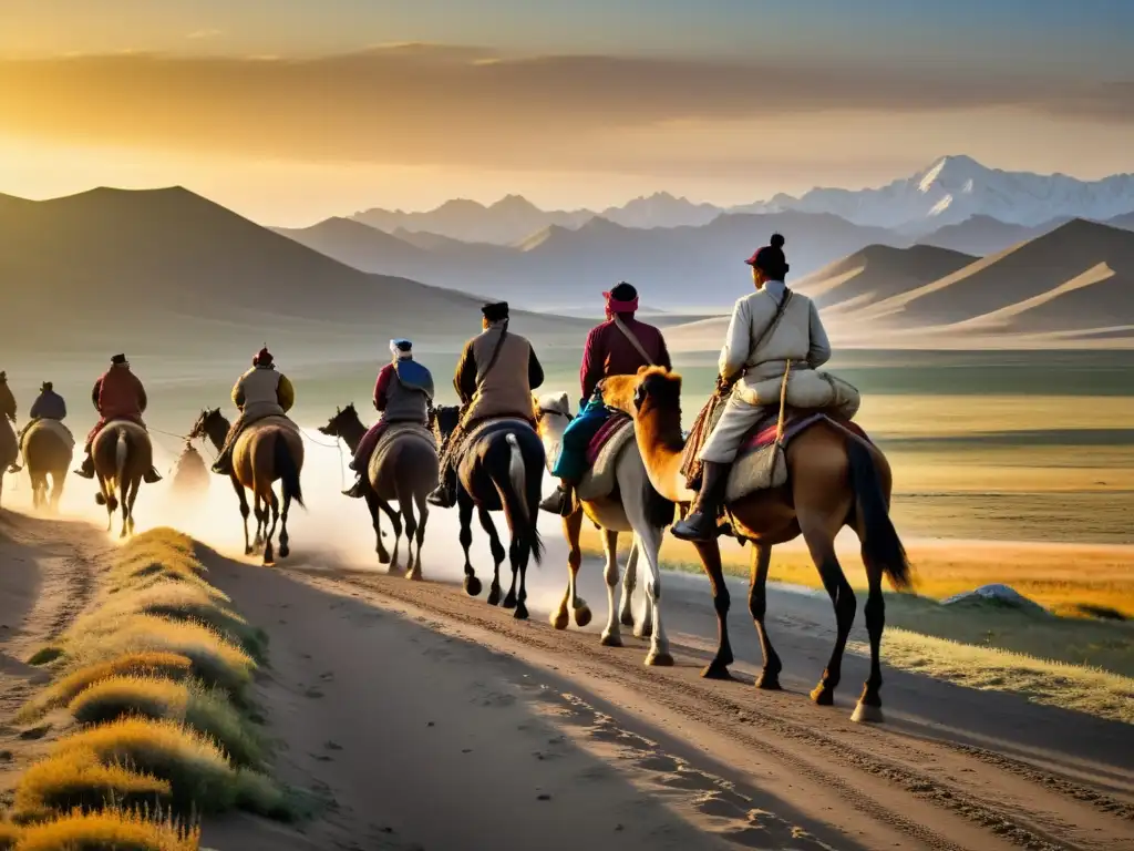 Caravana de caballos y camellos llevando suministros en la estepa mongola al atardecer, reflejando los desafíos logísticos en el Imperio Mongol