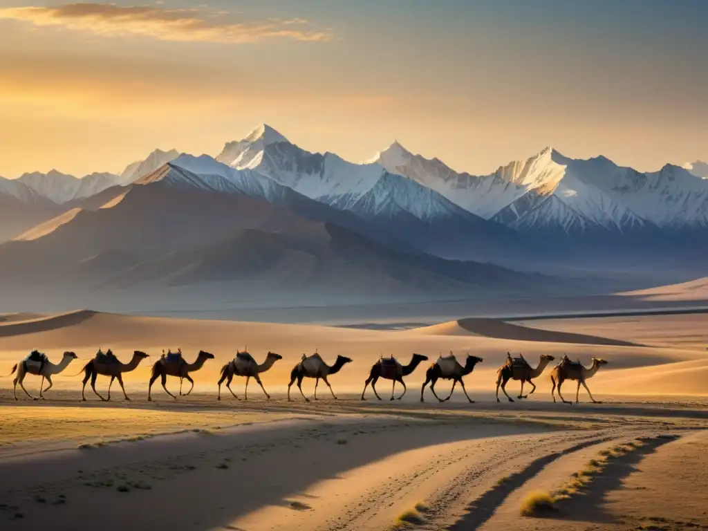 Caravana de camellos en la ancestral Ruta de la Seda, entre desiertos y montañas del Imperio Mongol