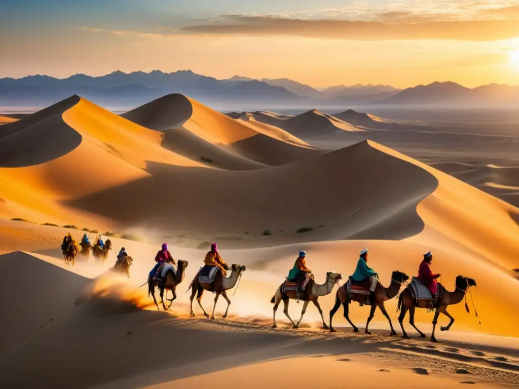 Caravana de camellos en la antigua Ruta de la Seda, con rutas comerciales mongolas, conectividad mundial