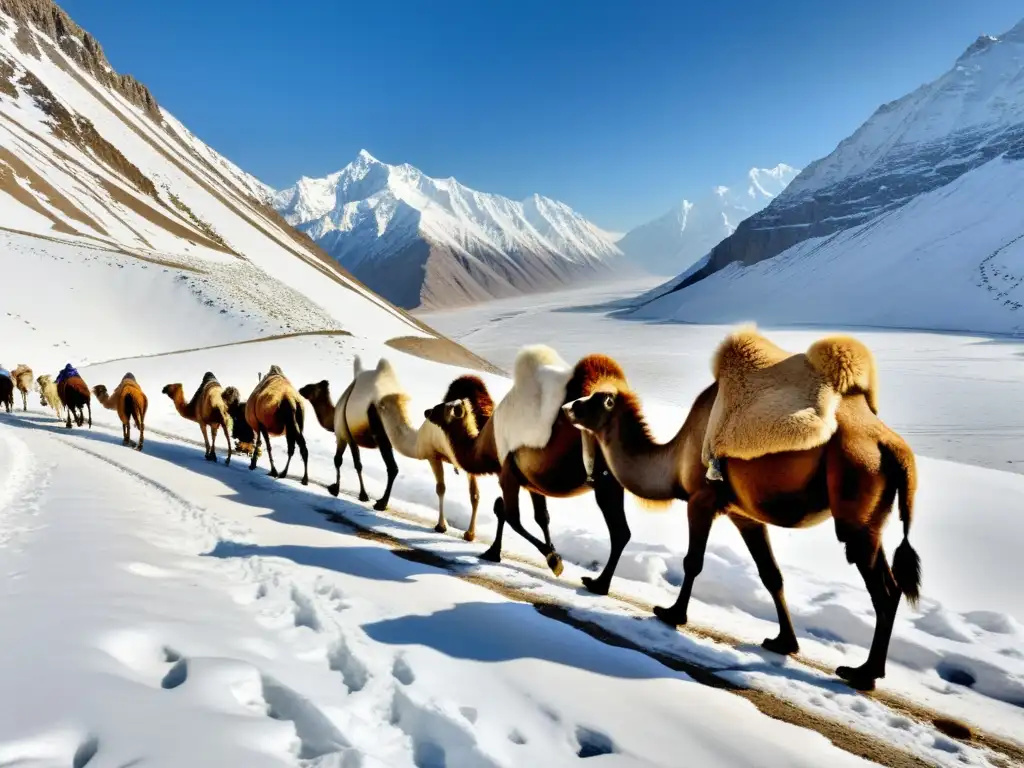 Una caravana de camellos bactrianos atraviesa un paso de montaña nevado, llevando suministros en un paisaje blanco