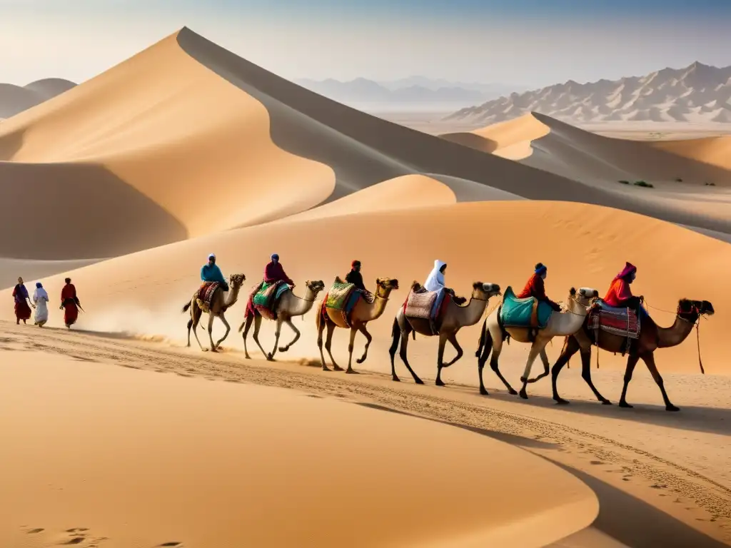 Una caravana de camellos cargados avanza lentamente por el vasto y árido paisaje del desierto en la Ruta de la Seda bajo Mongol