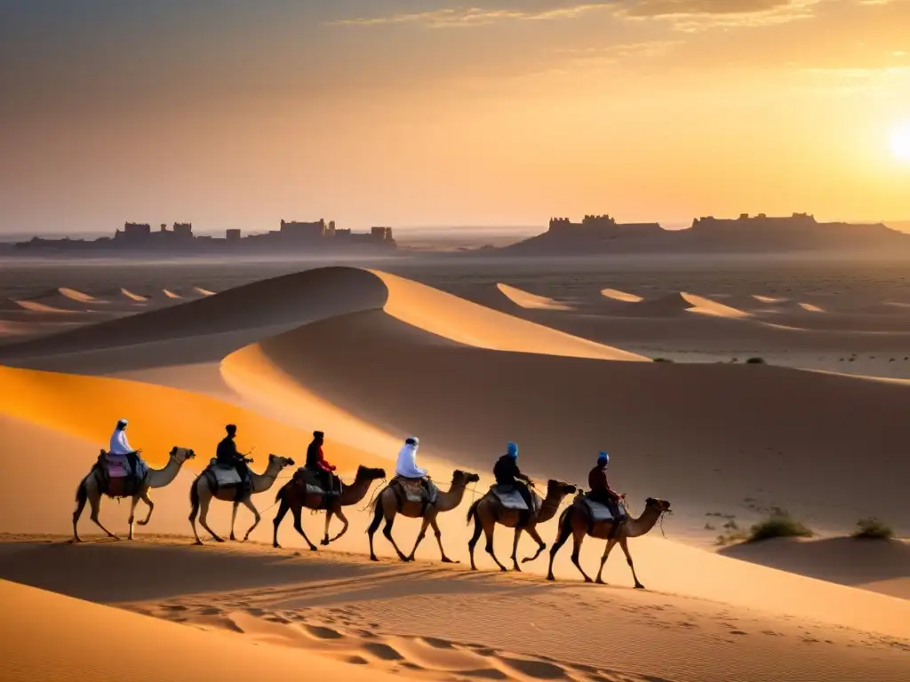 Caravana de camellos cruzando un desierto, con una ciudad islámica al fondo