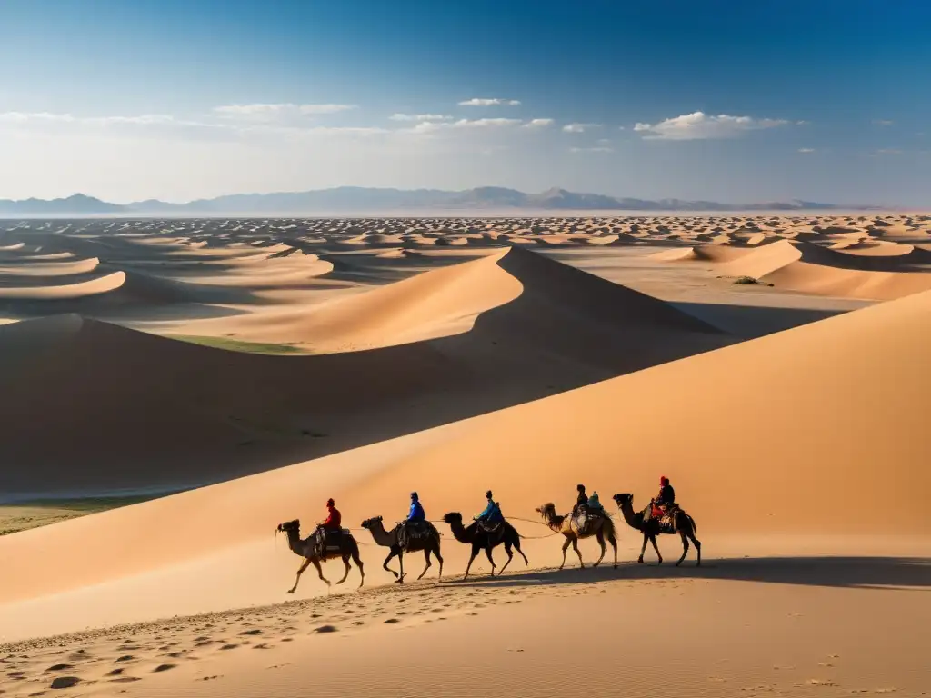 Caravana de camellos atraviesa las dunas del Desierto de Gobi, evocando la historia del Imperio Mongol