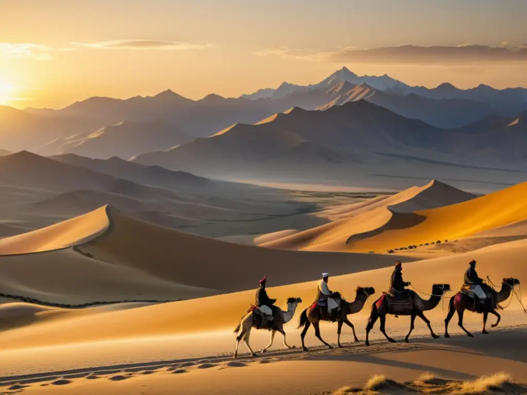 Una caravana de camellos atraviesa la histórica Ruta de la Seda al atardecer, ilustrando la diplomacia mongola en las relaciones comerciales