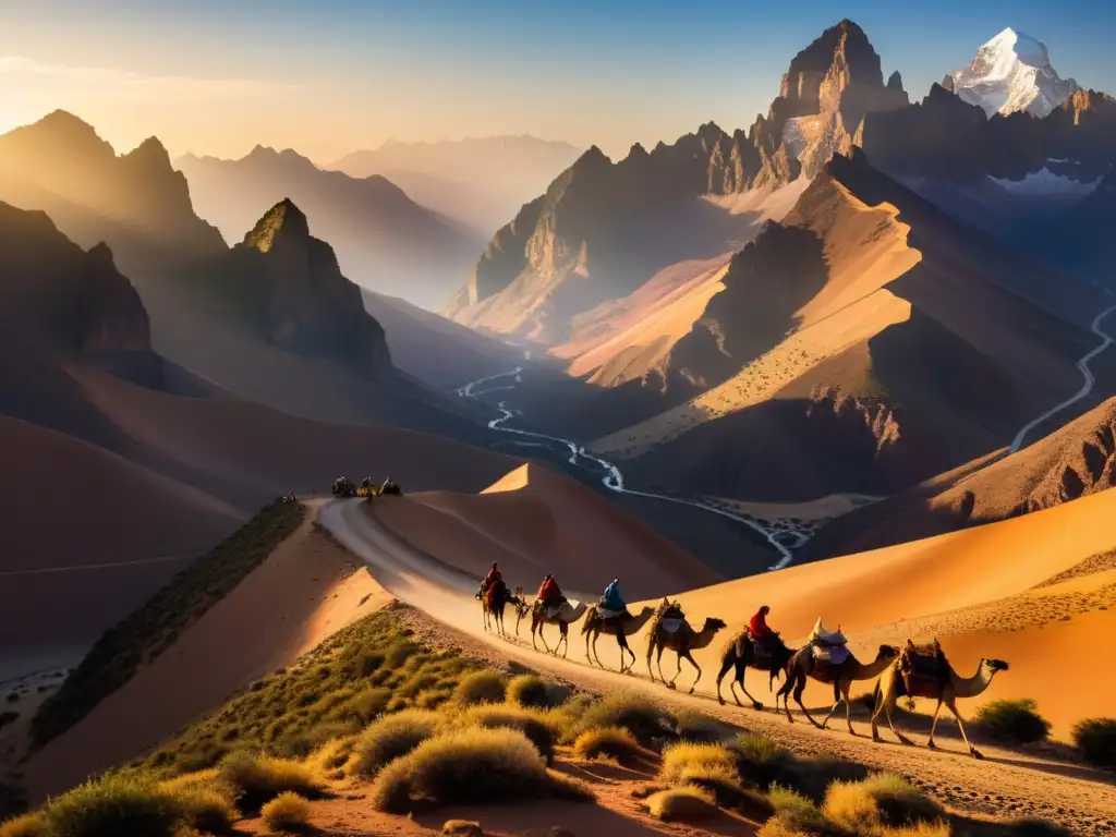 Caravana de camellos en ruta comercial menor del Imperio Mongol, entre montañas al atardecer con mercado bullicioso al fondo