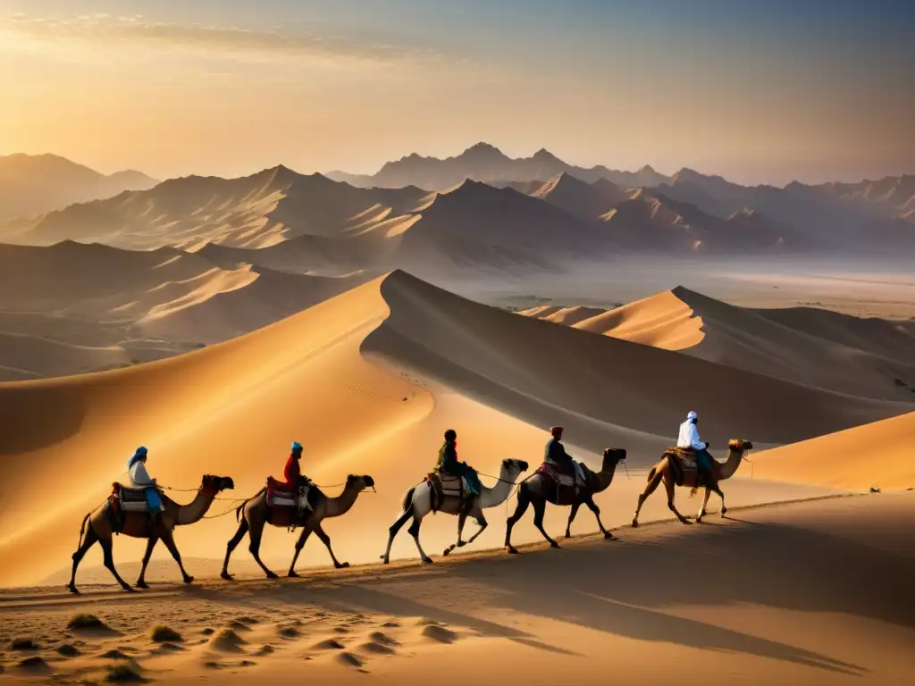 Una caravana de camellos atraviesa la Ruta de la Seda al atardecer, mostrando el legado de Genghis Khan en rutas comerciales con un aura histórica y cultural